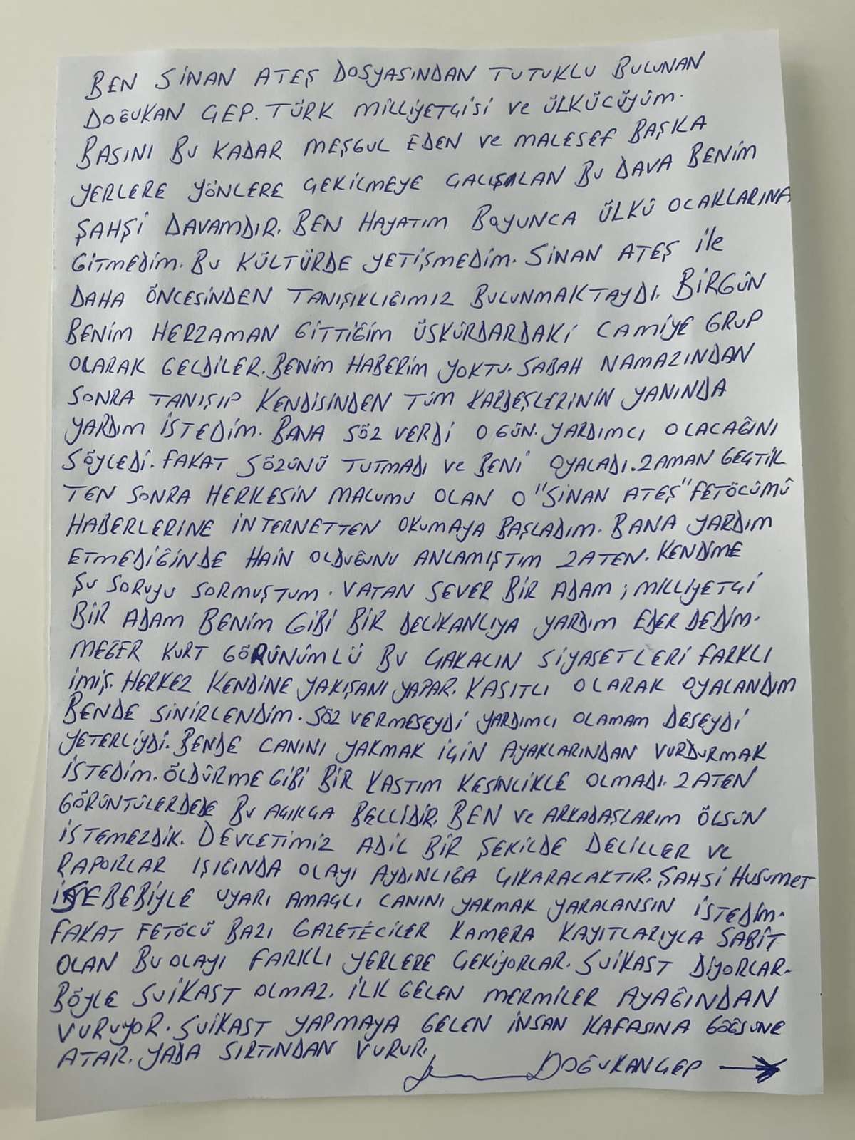 Doğukan Çep'in ağzından 'Sinan Ateş' mektubu: Olay benim olayımdır, öldürme kastım yoktu