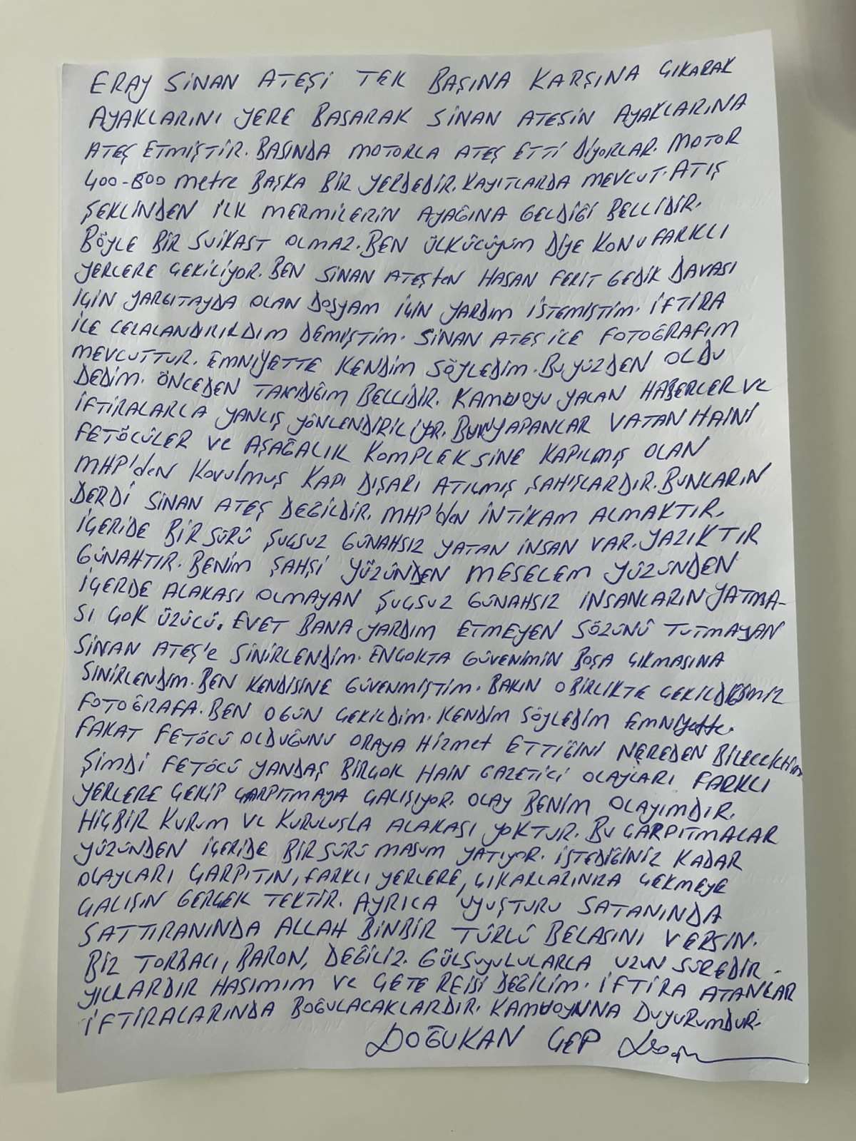 Doğukan Çep'in ağzından 'Sinan Ateş' mektubu: Olay benim olayımdır, öldürme kastım yoktu