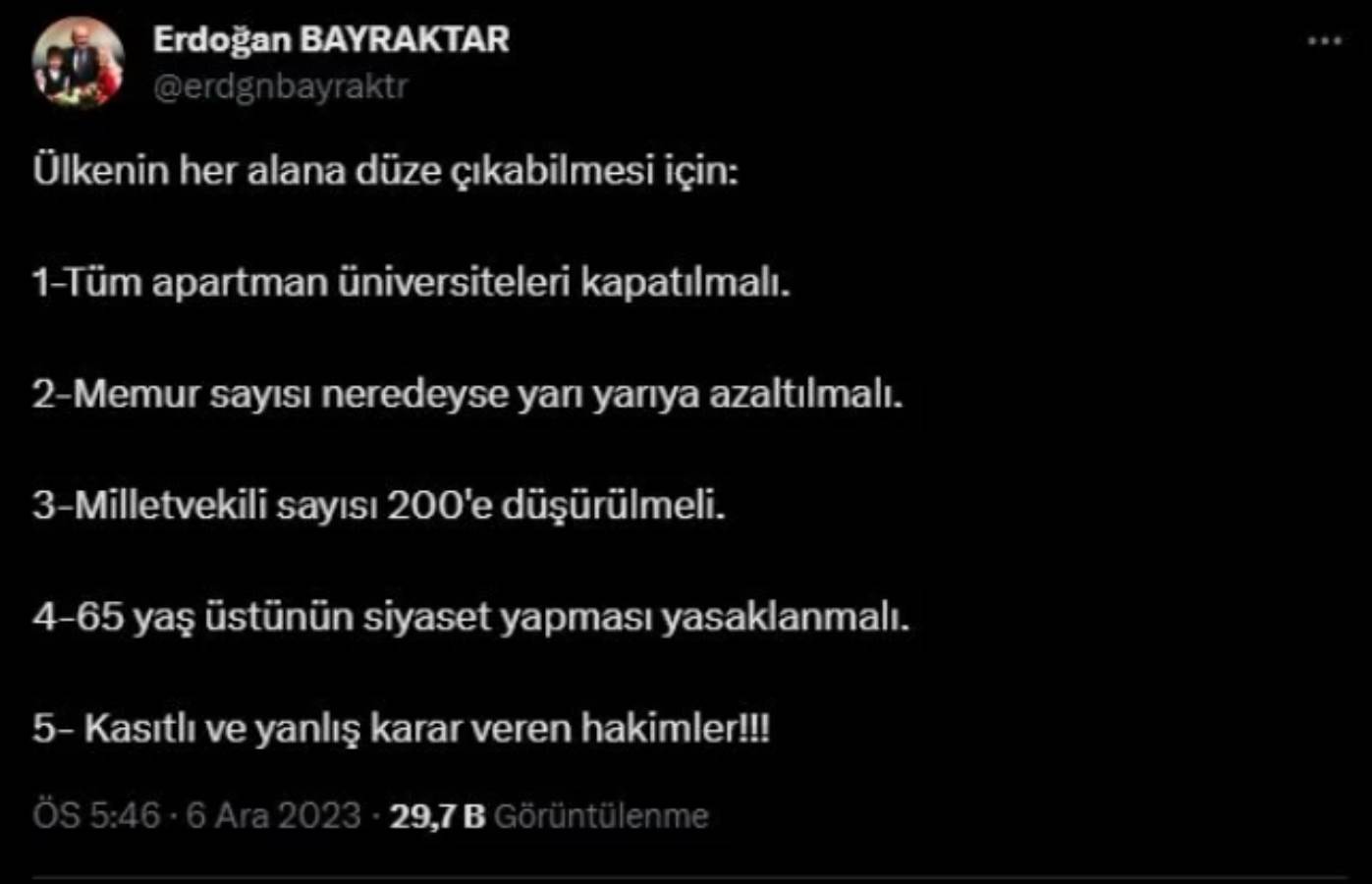 Erdoğan’ın tasfiyesini istedi! Eski Bakan Erdoğan Bayraktar'dan dikkat çeken paylaşım