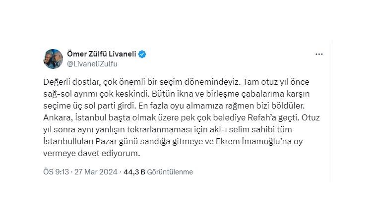 Zülfü Livaneli, 1994 seçimlerini hatırlattı; İmamoğlu’na oy çağrısı yaptı: ‘Ankara, İstanbul başta olmak üzere pek çok belediye Refah’a geçti’ - Son Dakika Siyaset Haberleri | Cumhuriyet