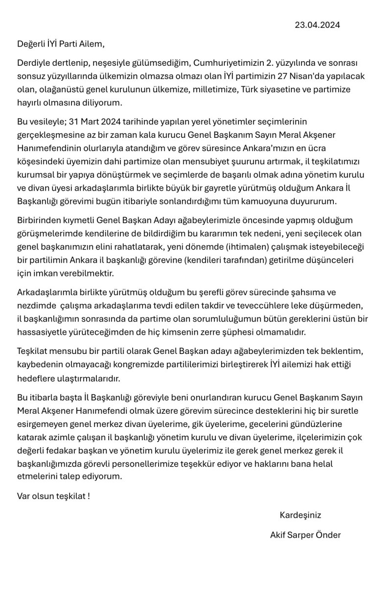 İYİ Parti'de kurultay öncesi bir istifa daha: 'Genel başkan adaylarından tek beklentim...'